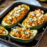 High Protein Buffalo Chicken Stuffed Zucchini Boats